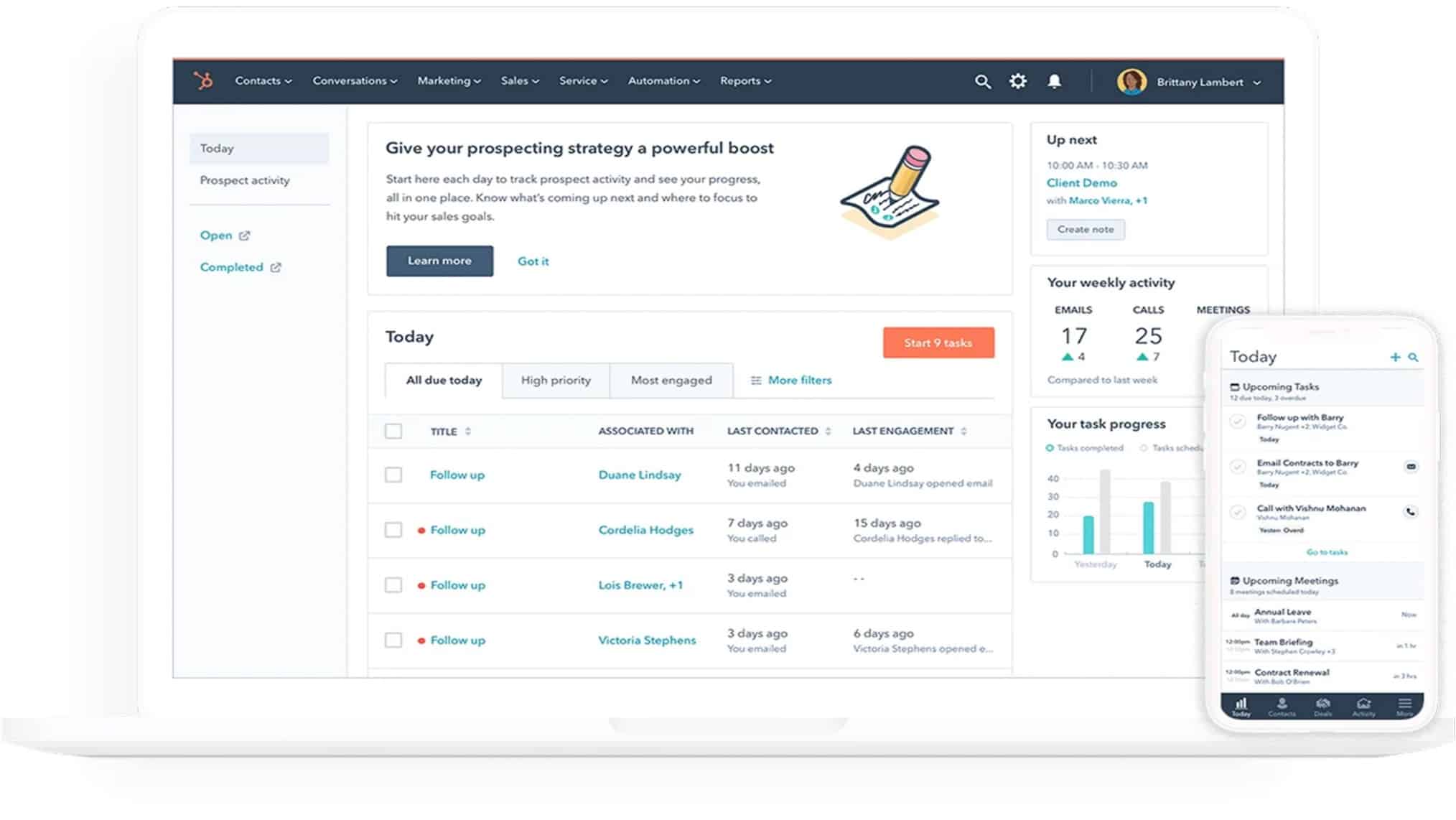 Screenshot of the HubSpot CRM prospecting dashboard