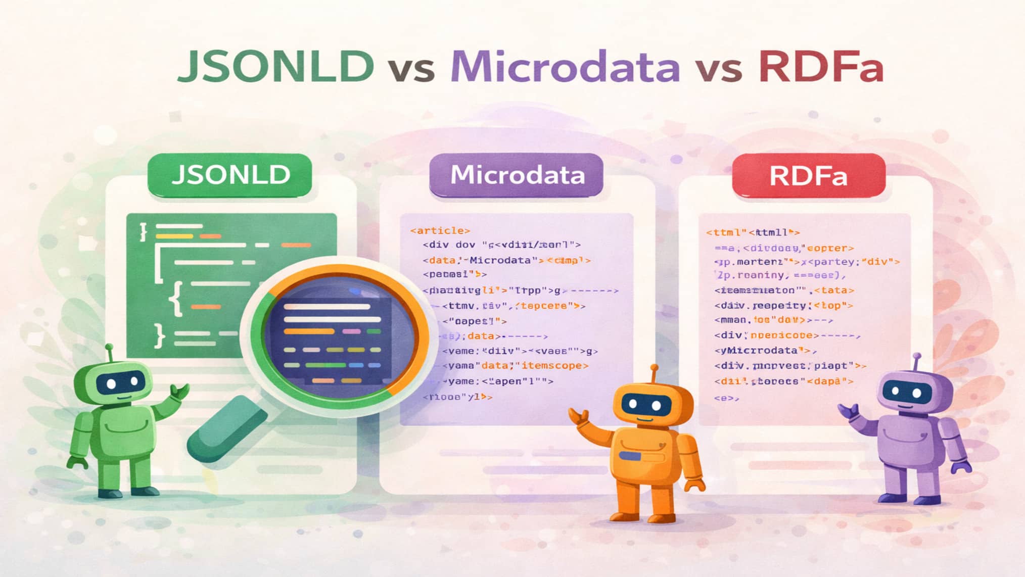 Comparison infographic titled "JSONLD vs Microdata vs RDFa" showing three robot characters each representing one structured data format alongside code snippet panels in green, purple, and red