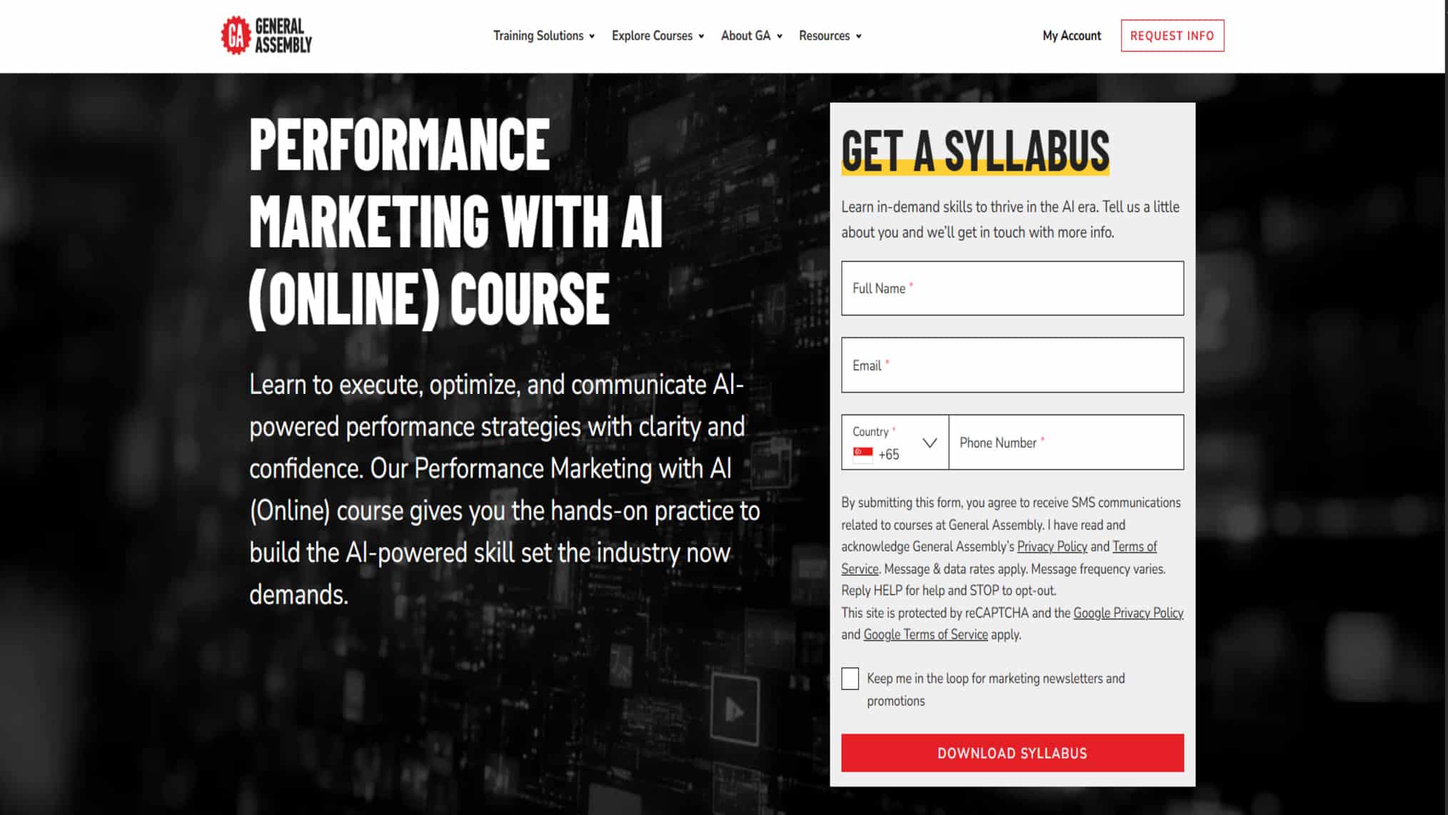 Screenshot of the General Assembly course page for Performance Marketing With AI (Online) Course.