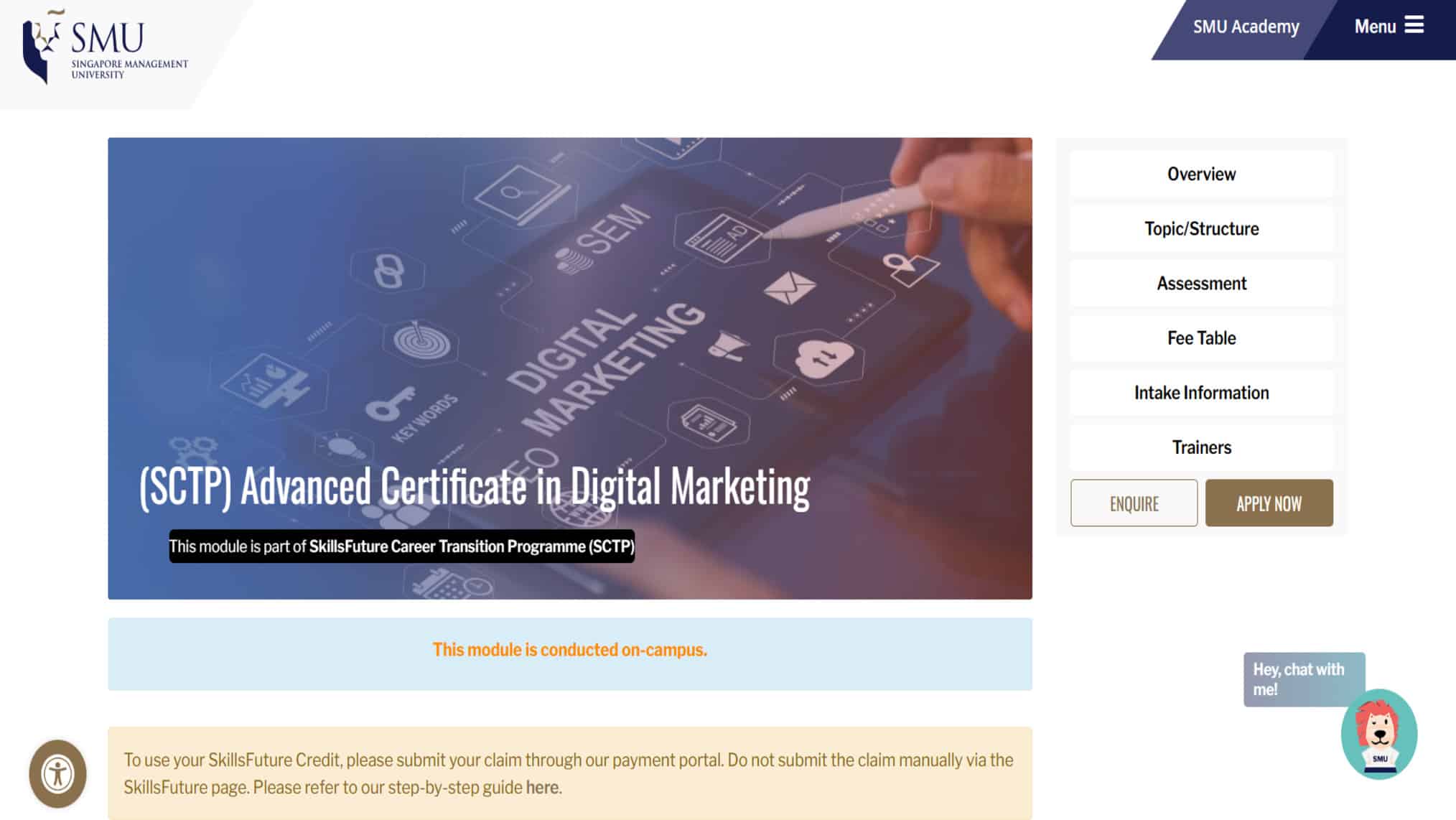 Screenshot of the SMU Academy course page for the SCTP Advanced Certificate in Digital Marketing.