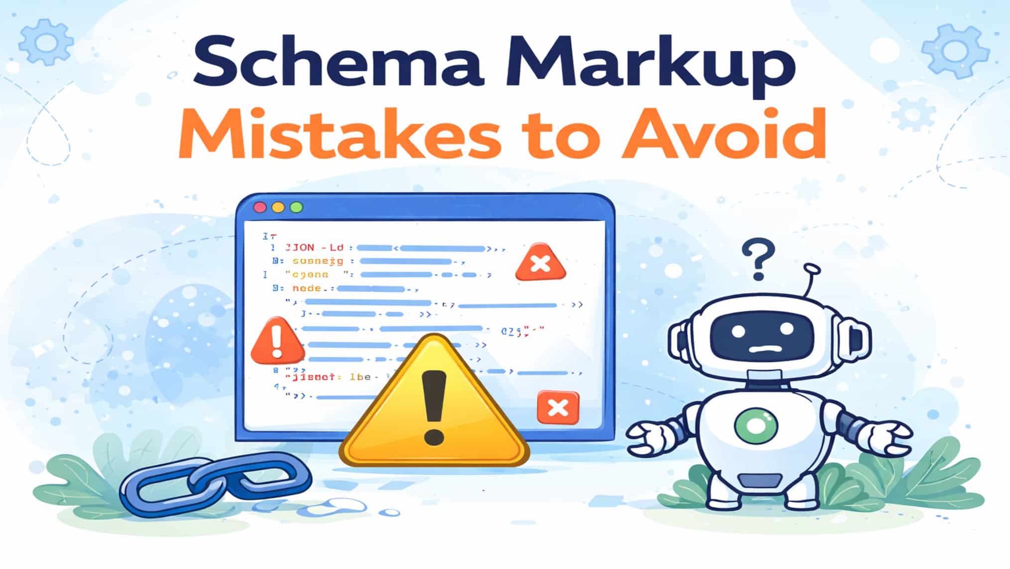 Illustrated infographic titled "Schema Markup Mistakes to Avoid" showing a browser window with error-filled JSON-LD code, red X icons, a large yellow warning triangle, a broken chain link, and a confused robot character with a question mark