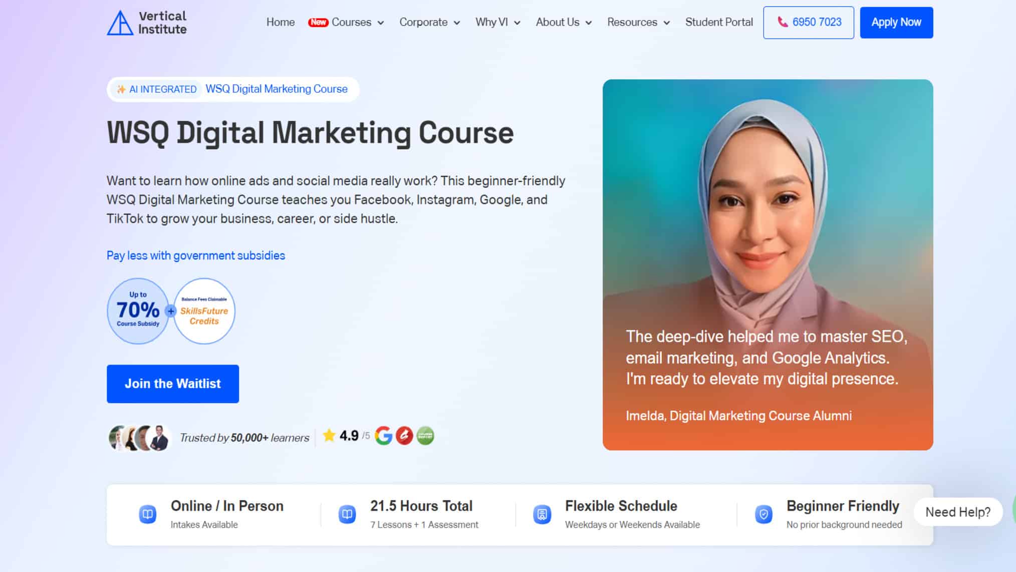 Screenshot of the Vertical Institute course page for the WSQ Digital Marketing Course.