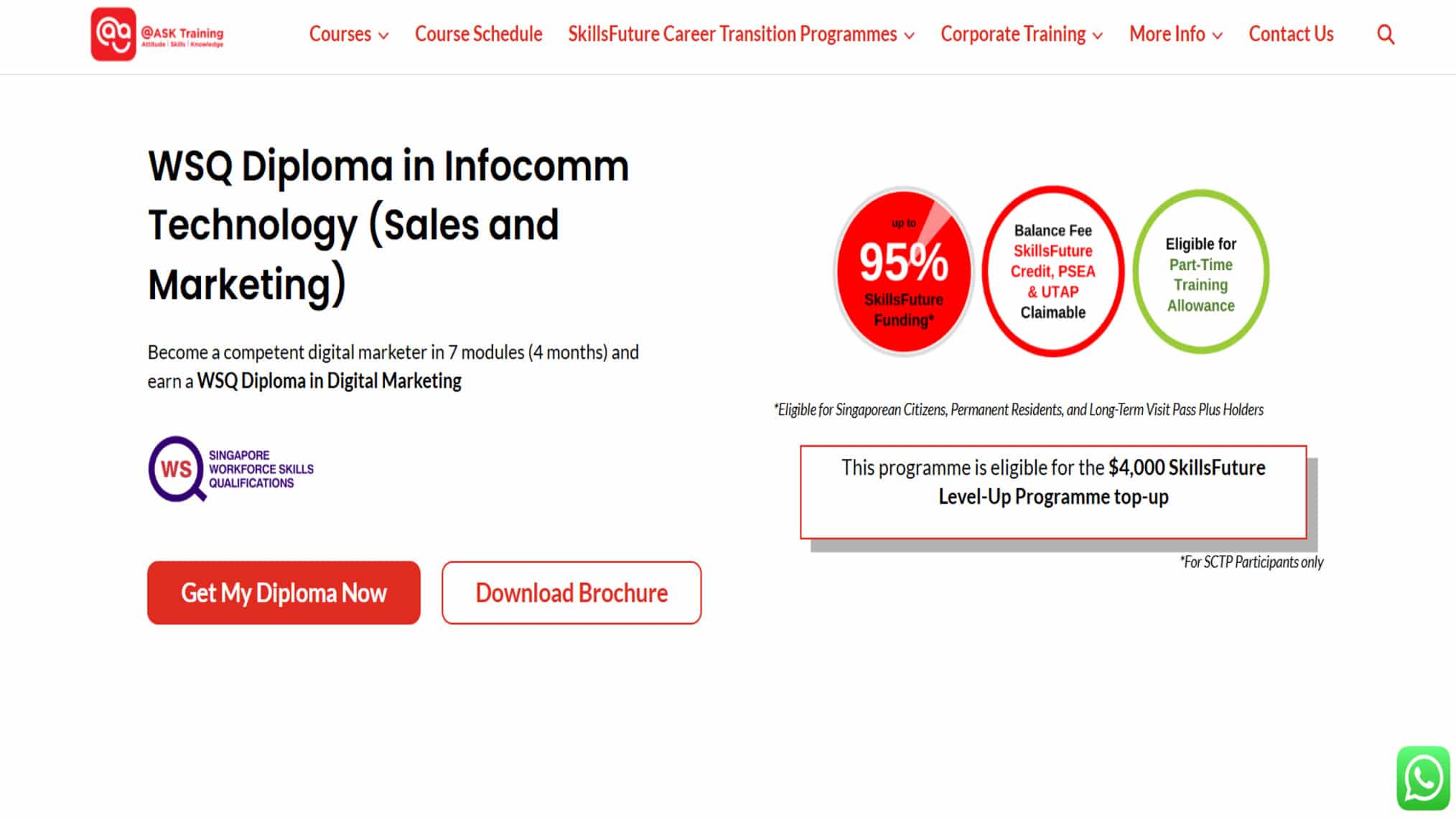 Screenshot of the ASK Training course page for the WSQ Diploma in Digital Marketing