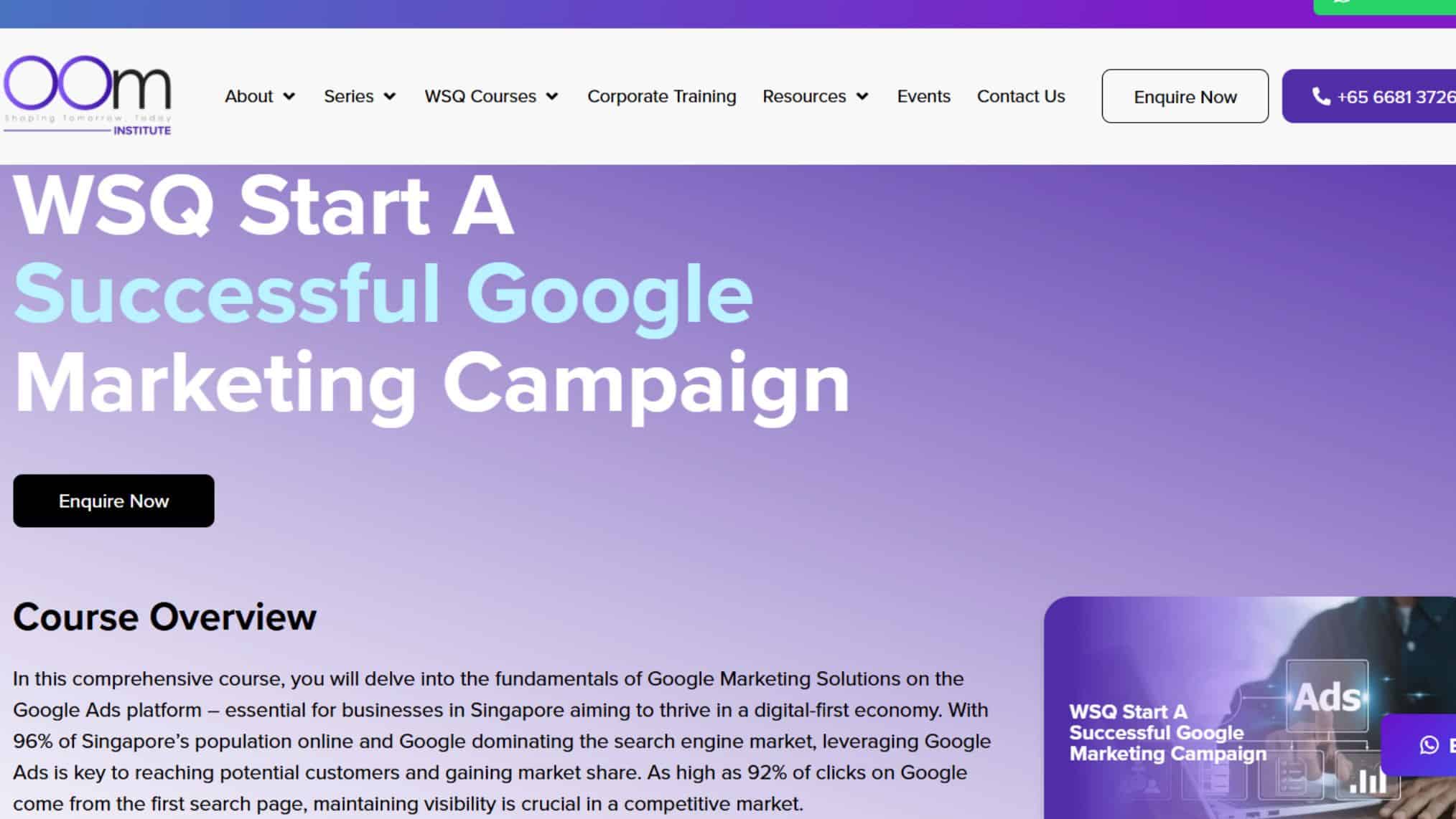 Screenshot of the OOm Institute course page for the WSQ Start A Successful Google Marketing Campaign course.