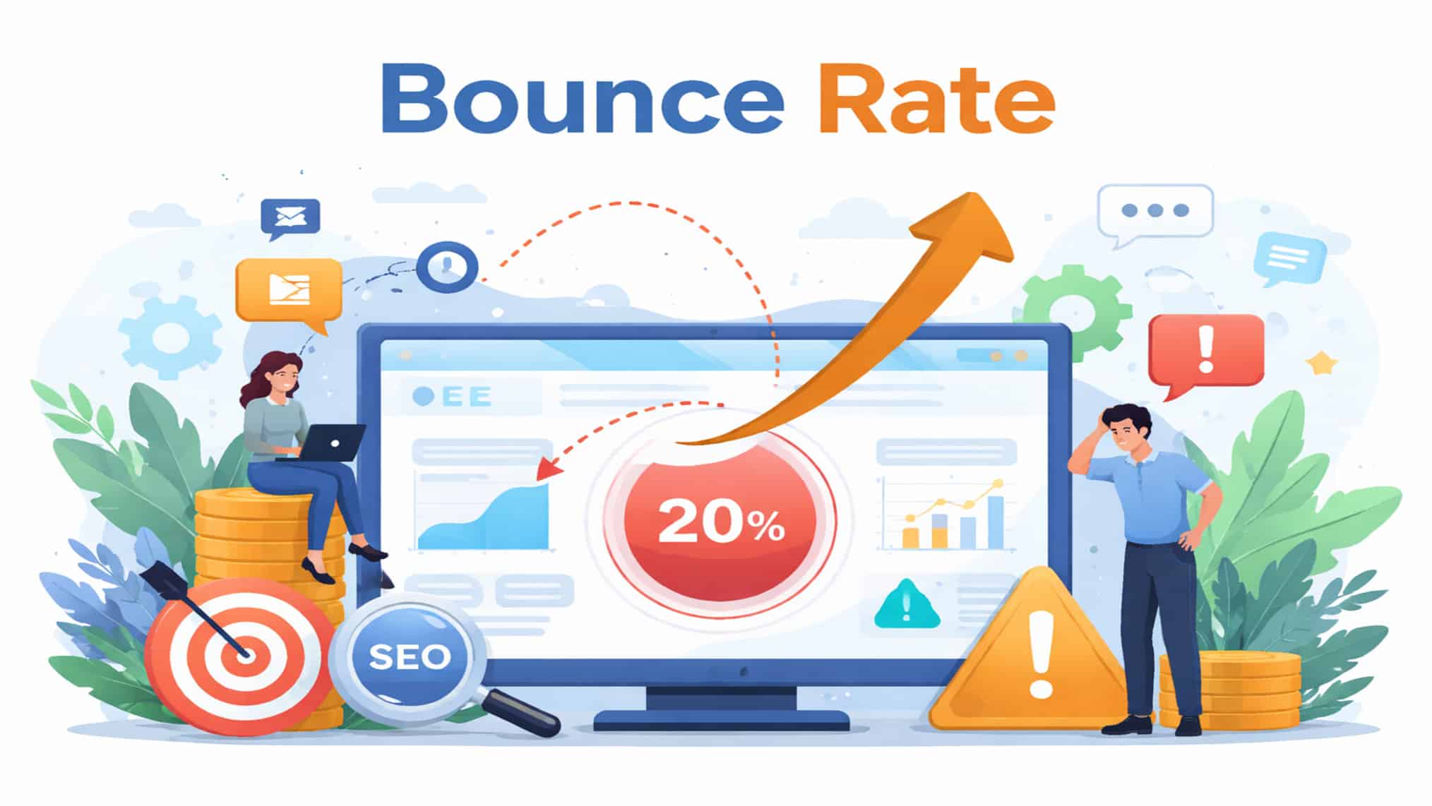 Illustrated infographic titled "Bounce Rate" showing a desktop monitor with a 20% bounce rate statistic, surrounded by SEO icons, a target, warning signs, and two people representing website visitors and analysts