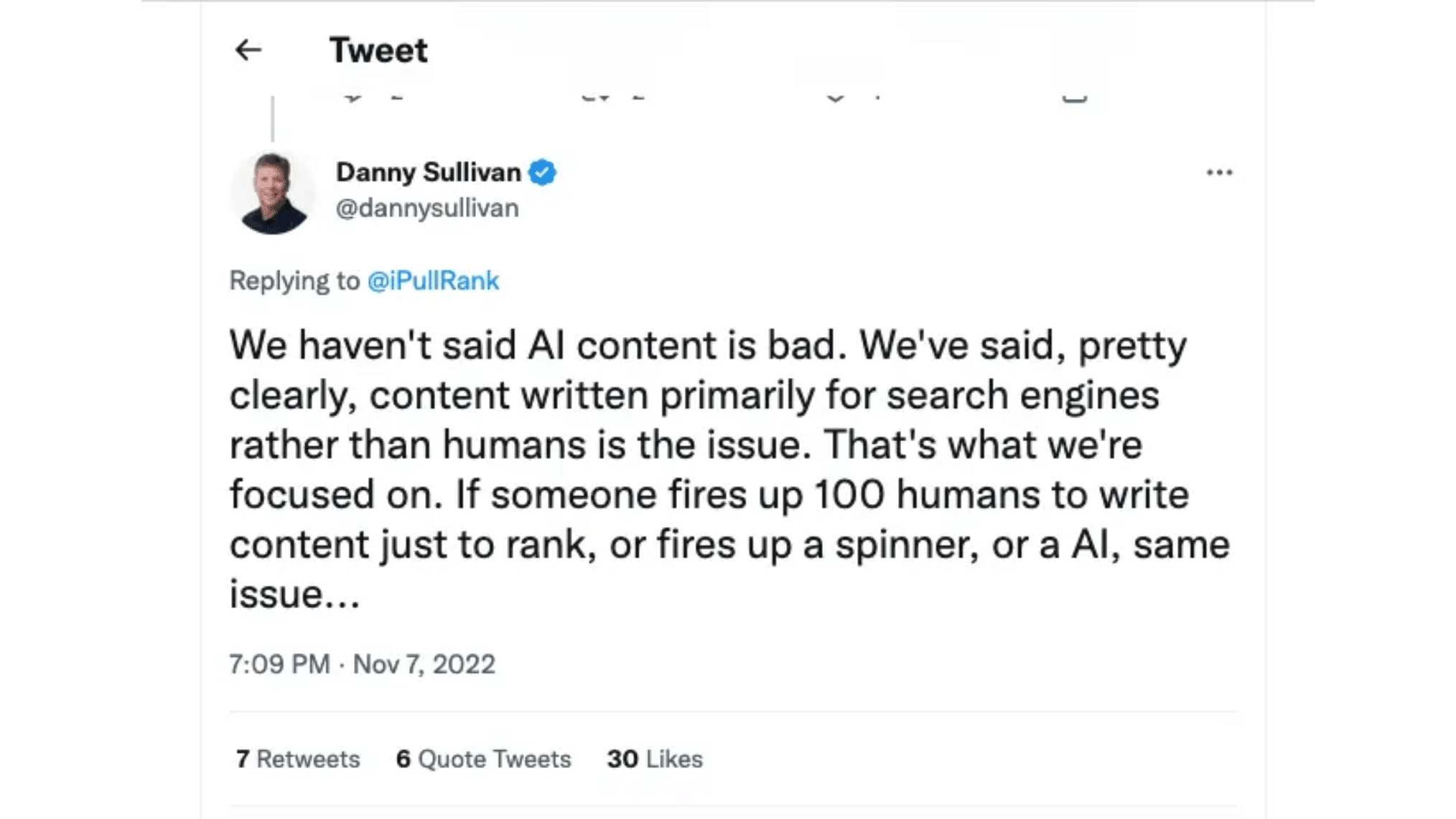Tweet from Google Search Liaison Danny Sullivan