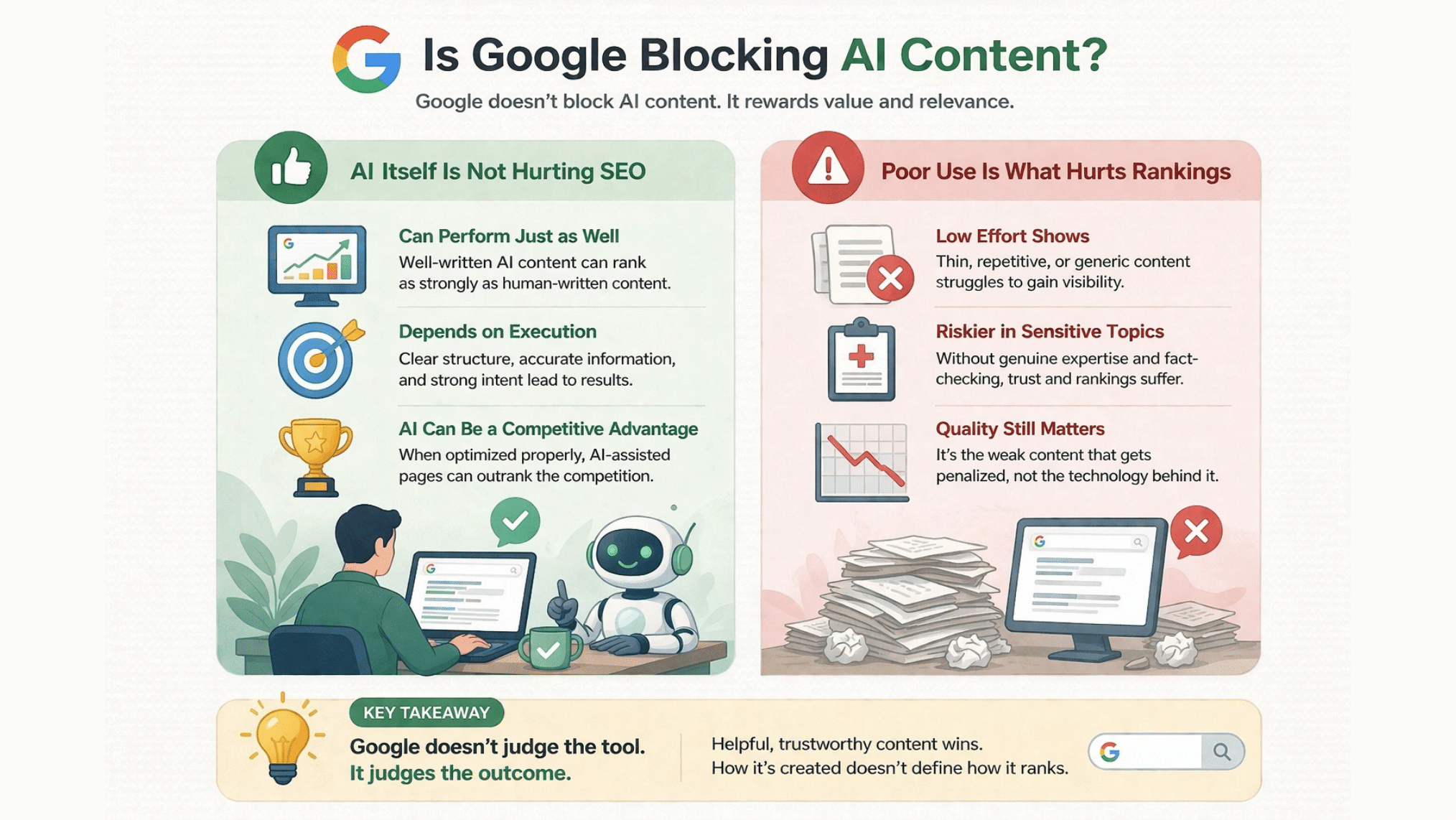 Google does not block AI content and compares proper AI use versus misuse that leads to poor SEO performance